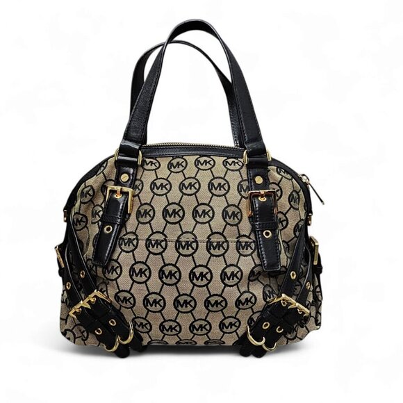 Michael Kors Milo Signature Leather Buckle Black & Beige Shoulder Bag COA - Picture 6 of 14